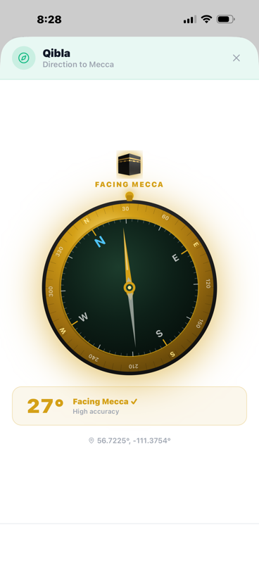 Qibla compass, facing Mecca