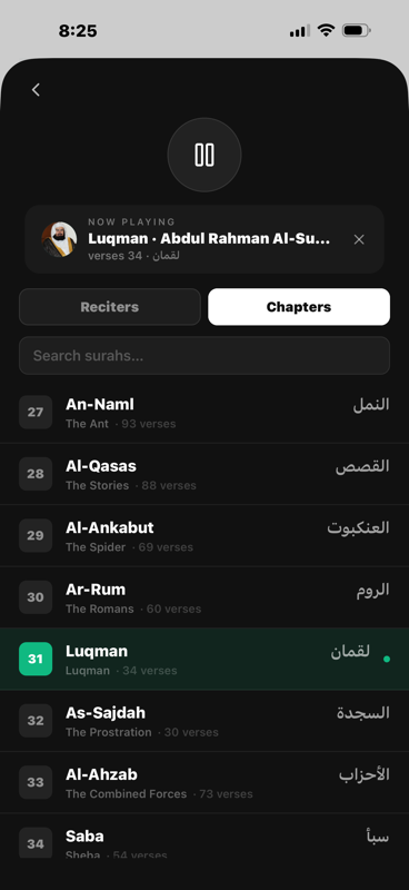 Quran Audio Player — chapter list